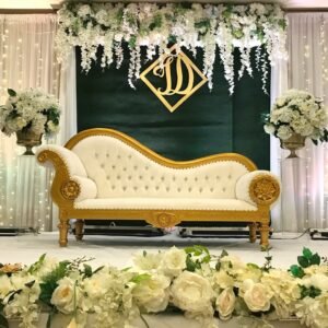 Chaise, White Velvet, Gold Trim